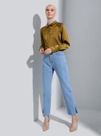 Natural Fabric Jeans With Slit Cuffs Blue