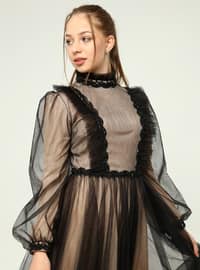 Black - Nude - Fully Lined - Crew neck - Modest Evening Dress