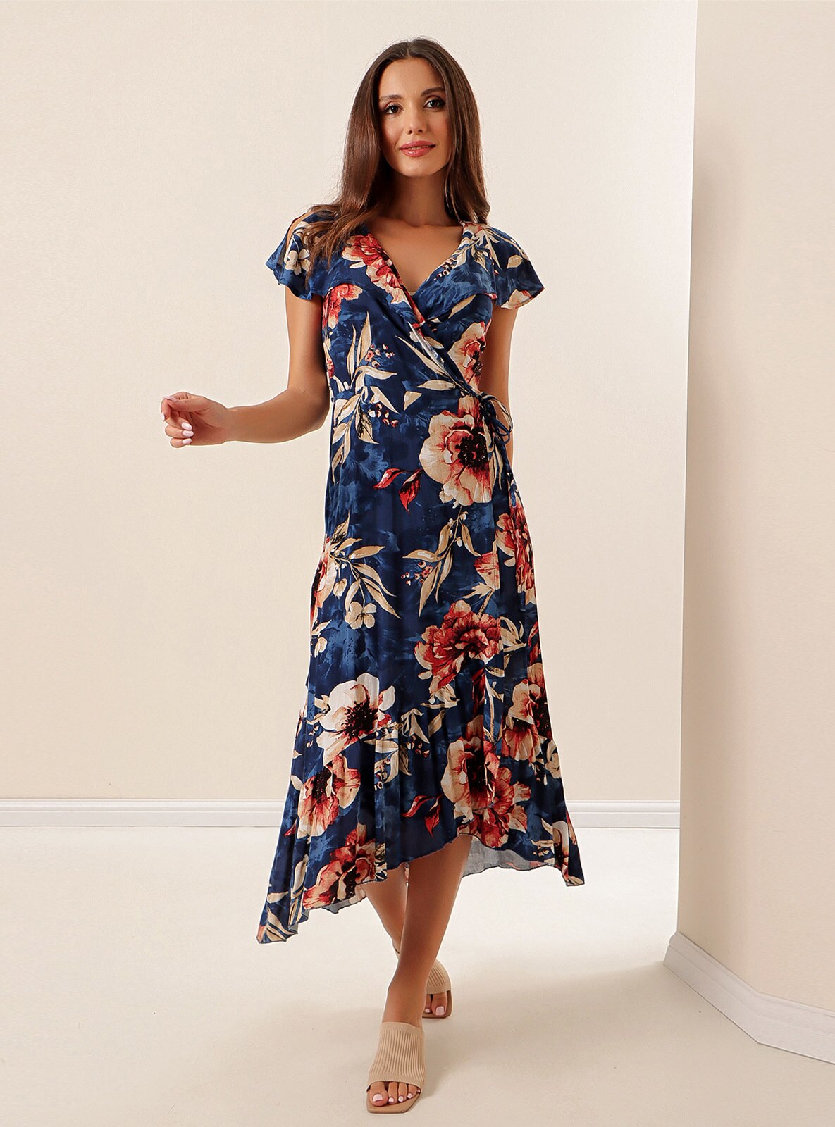 Navy Blue Floral Double Breasted Modest Dress 