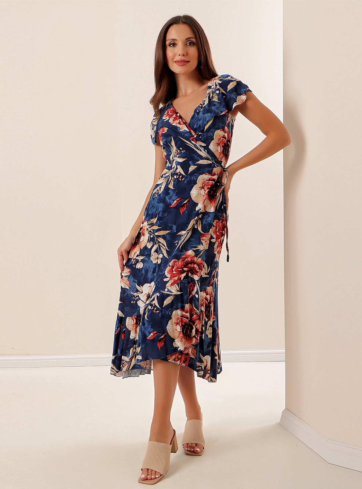 Navy Blue Floral Double Breasted Modest Dress 