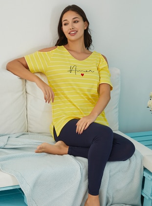 Yellow - V neck Collar - Stripe - Pyjama Set - Free Angel