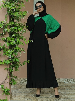 Black - Green - Crew neck - Unlined - Modest Dress - Merve Aydın
