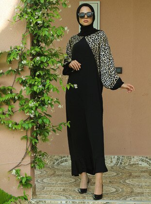 Black - Leopard - Crew neck - Unlined - Modest Dress - Merve Aydın