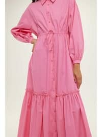 Pink - Point Collar - Unlined - Modest Dress
