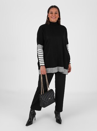 Black - Stripe - Polo neck - Plus Size Knit Tunics - Alia