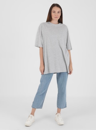 Natural Fabric T Shirt With Slit Detail Silver