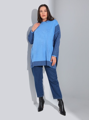 Blue - Stripe - Crew neck - Plus Size Knit Tunics - Alia