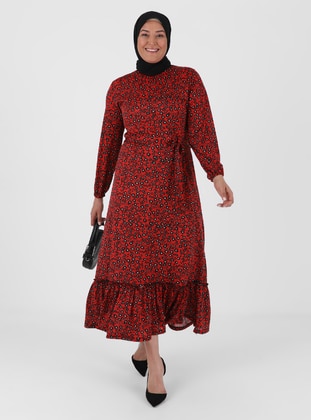 Red - Floral - Unlined - Crew neck - Plus Size Dress - GELİNCE