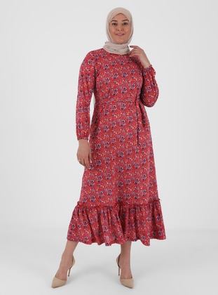 Coral - Floral - Unlined - Crew neck - Plus Size Dress - GELİNCE