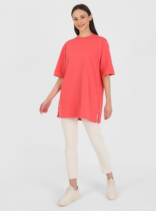 Natural Fabric T Shirt Coral With Slit Detail