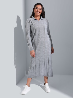 Gray - Point Collar - Plus Size Knit Dresses - Alia