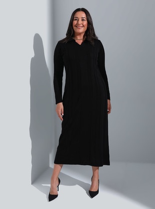 Pointed Collar Plus Size Sweater Modest Dress Black