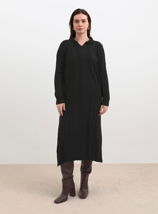 Pointed Collar Plus Size Sweater Modest Dress Black