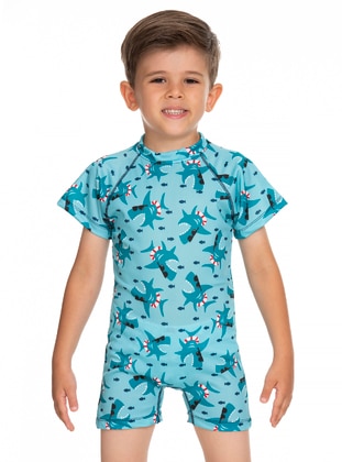 UV Protected Baby Jumpsuit Swimwear - Printed Blue - Emayo