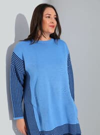 Blue - Stripe - Crew neck - Plus Size Knit Tunics
