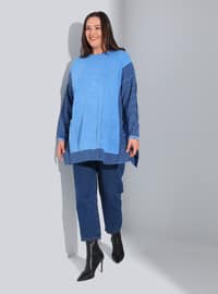 Blue - Stripe - Crew neck - Plus Size Knit Tunics
