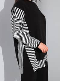Plus Size Side Slits Striped Sweater Tunic Black