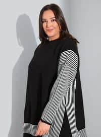 Plus Size Side Slits Striped Sweater Tunic Black