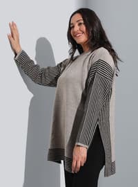 Plus Size Side Slits Striped Sweater Tunic Mink