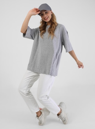 Basic Cotton T Shirt Light Gray With Slit Detail