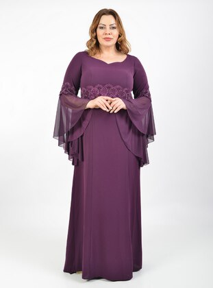 Purple - Fully Lined - V neck Collar - Modest Plus Size Evening Dress - LILASXXL