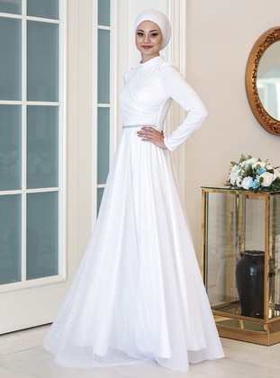 White - Fully Lined - Crew neck - Modest Evening Dress - Azra Design