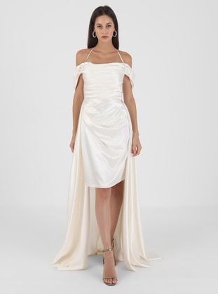 Unlined - White - Boat neck - Evening Dresses - Drape