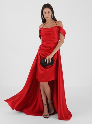 Unlined - Red - Boat neck - Evening Dresses - Drape