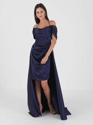 Unlined - Navy Blue - Boat neck - Evening Dresses - Drape