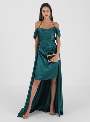 Boat Neck Short Length Satin Hijab Evening Dress Emerald