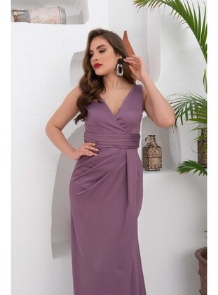 Carmen Lavender Satin V-Neck Long Evening Dress With Slits