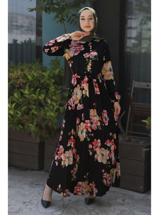 Floral Belt Detailed Modest Dress Black