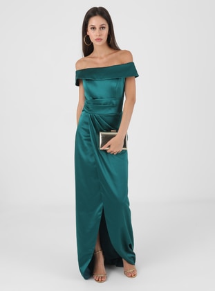 Fully Lined - Emerald - Boat neck - Evening Dresses - MEKSİLA