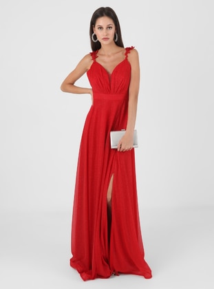 Fully Lined - Red - V neck Collar - Evening Dresses  - Meksila