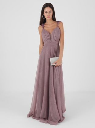 Fully Lined - Lilac - V neck Collar - Evening Dresses  - Meksila
