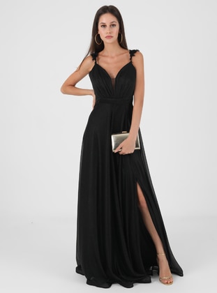 Fully Lined - Black - V neck Collar - Evening Dresses  - Meksila