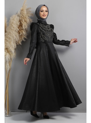 Burnout Patterned Hijab Evening Dress Black