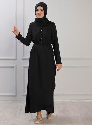Black - Crew neck - Unlined - Modest Dress - Rana Zenn