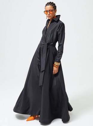 Black - Point Collar - Unlined - Modest Dress - Nuum Design