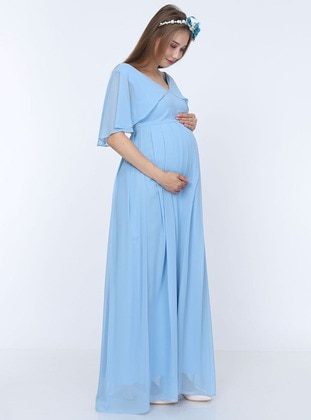  - Chiffon - Double-Breasted - V neck Collar - Baby Blue - Maternity Evening Dress - Moda Labio