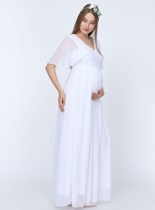  - Chiffon - V neck Collar - White - Maternity Evening Dress - Moda Labio