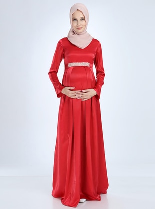  - Stripe - V neck Collar - Metallic - Red - Maternity Evening Dress - Moda Labio