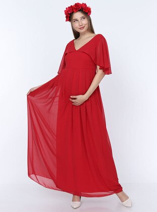 - Double-Breasted - V neck Collar - Red - Maternity Evening Dress - Moda Labio