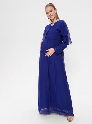  - Chiffon - Button Collar - Navy Blue - Maternity Evening Dress - Moda Labio