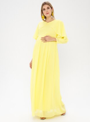  - Chiffon - V neck Collar - Yellow - Maternity Evening Dress - Moda Labio