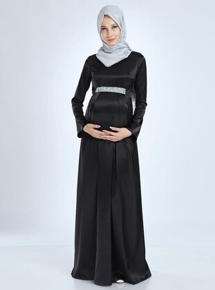 Cotton - V neck Collar - Black - Maternity Evening Dress - Moda Labio