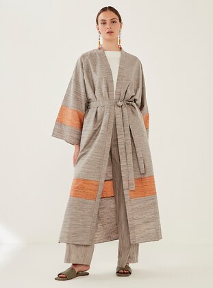 Unlined - Brown - Shawl Collar - Kimono - Phull