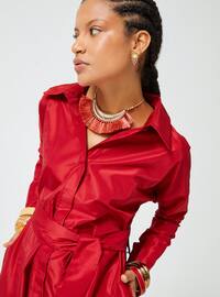 Red - Point Collar - Unlined - Modest Dress