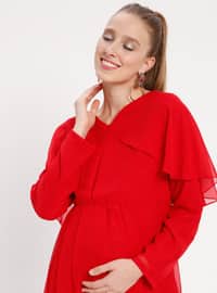 Chiffon - V neck Collar - Red - Maternity Evening Dress