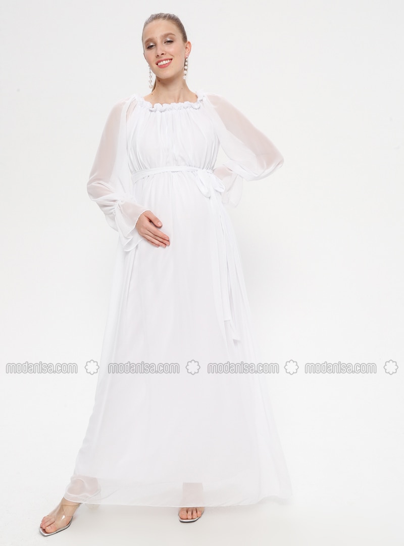 Chiffon - Crew neck - White - Maternity Evening Dress